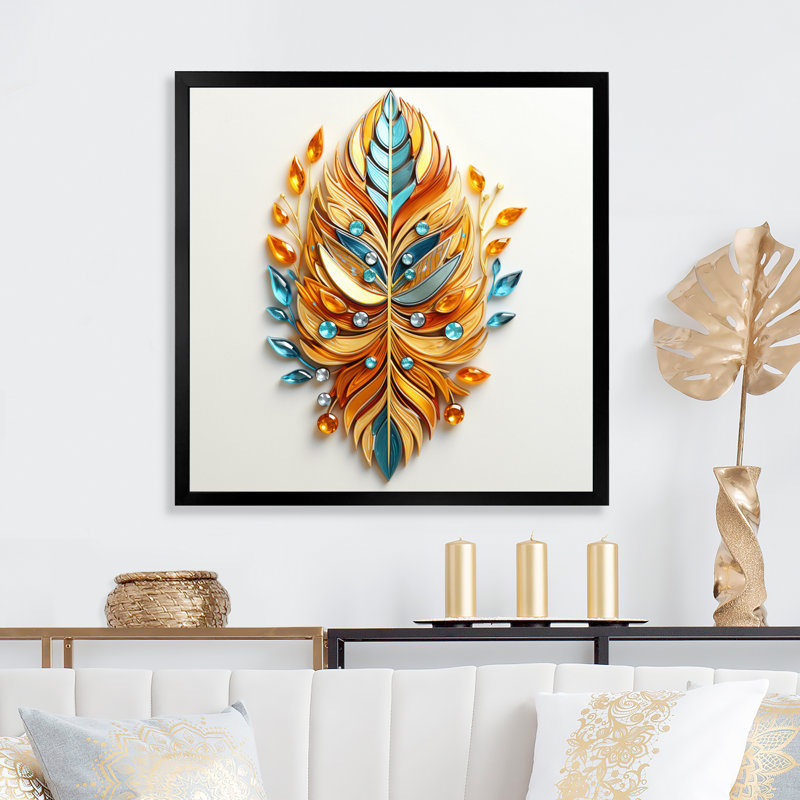 Boho Glam Amber Gold And Turquoise Theater - Feathers Canvas Art Print, Cadre simple noir, H 16 po x l 16 po x P 1 po