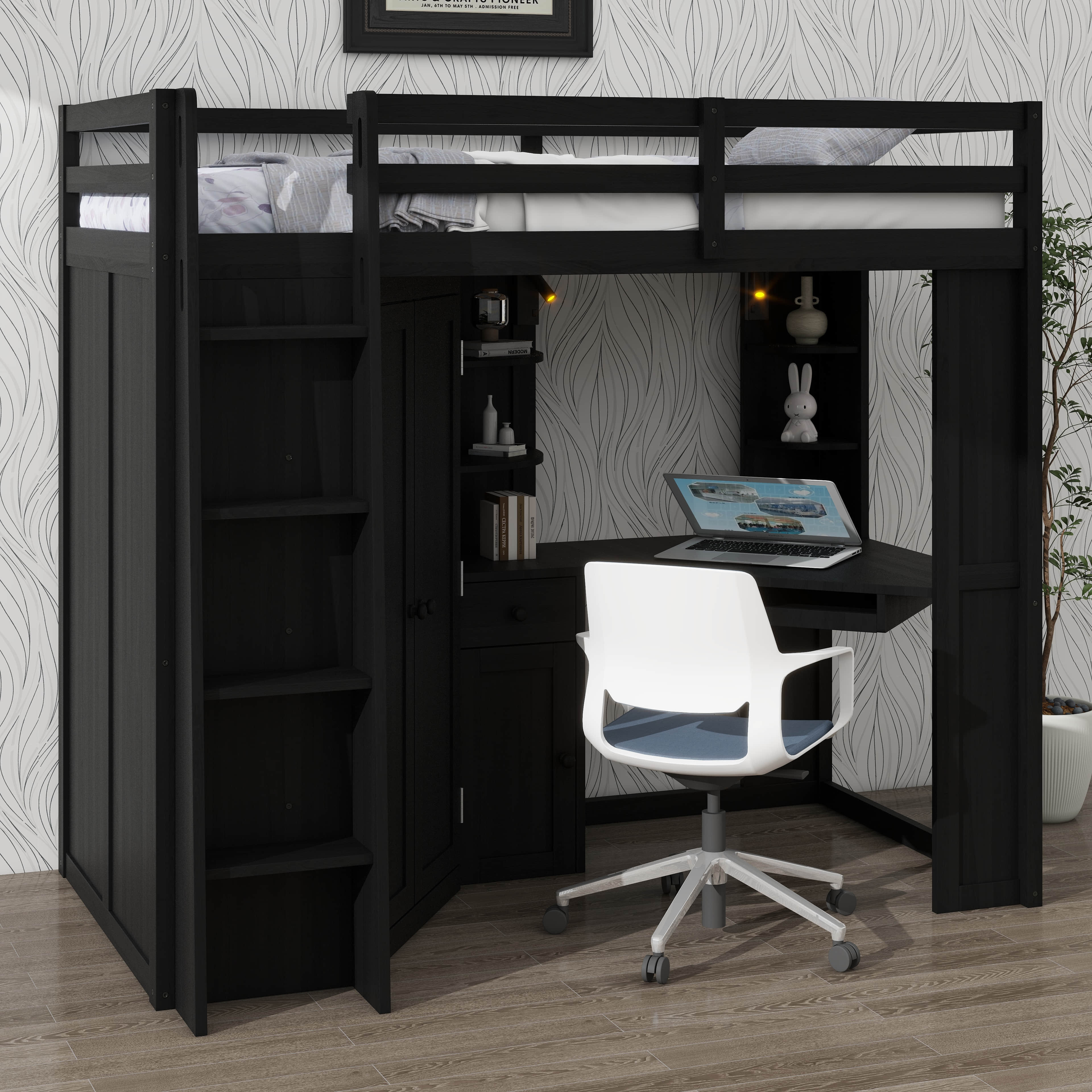 Harriet Bee Twin Size Loft Bed With Built-In Large Wardrobe And Desk ...
