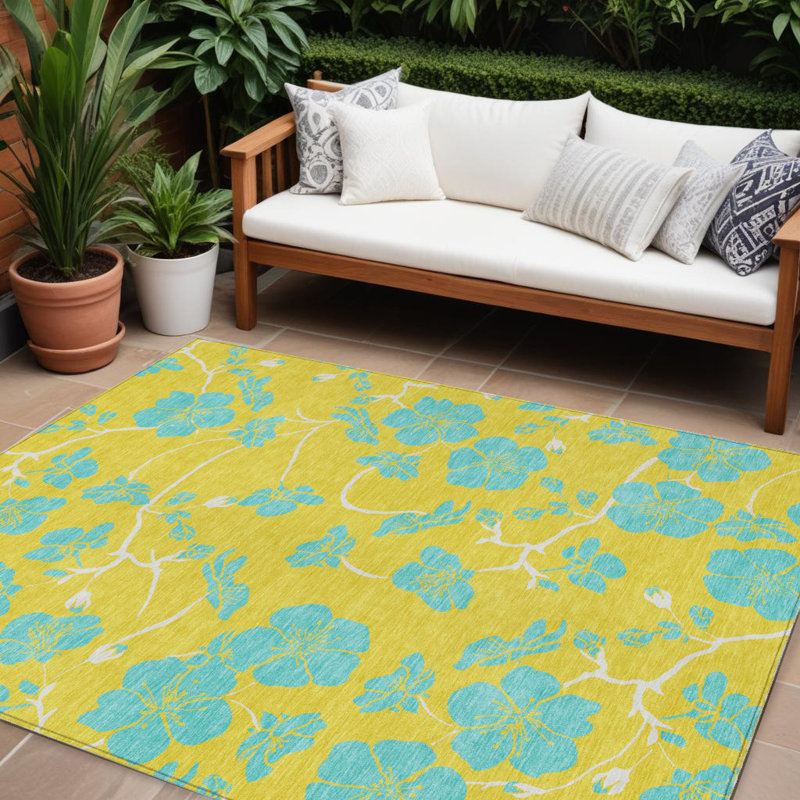 Tapis extérieur lavable floral jaune et turquoise 9 pi x 12 pi