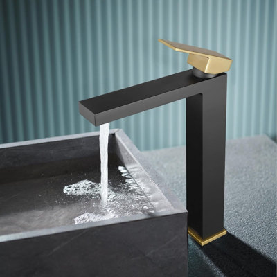 Matte Black And Brushed Gold Vessel Sink Faucet, Single Handle Bathroom Faucet Single Hole Bathroom Sink Faucet Tall Bowl Sink Faucet With Drain Assembly, BF307-GB-T