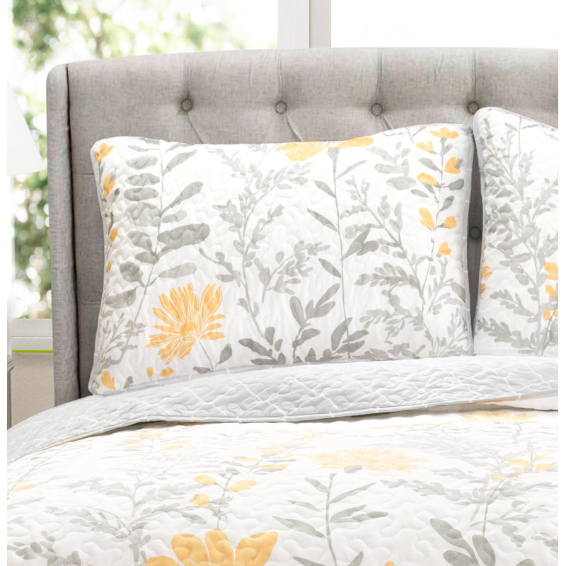 Lush Decor Aprile Floral Reversible Quilt Set, Yellow/Gray, California King Quilt + 2 king Shams
