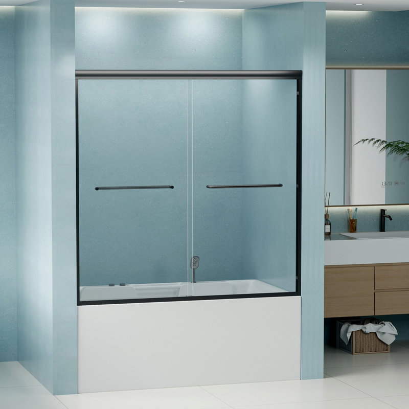 Porte de douche double coulissante, porte de baignoire semi-sans cadre avec cadre en alliage d'aluminium, Noir mat