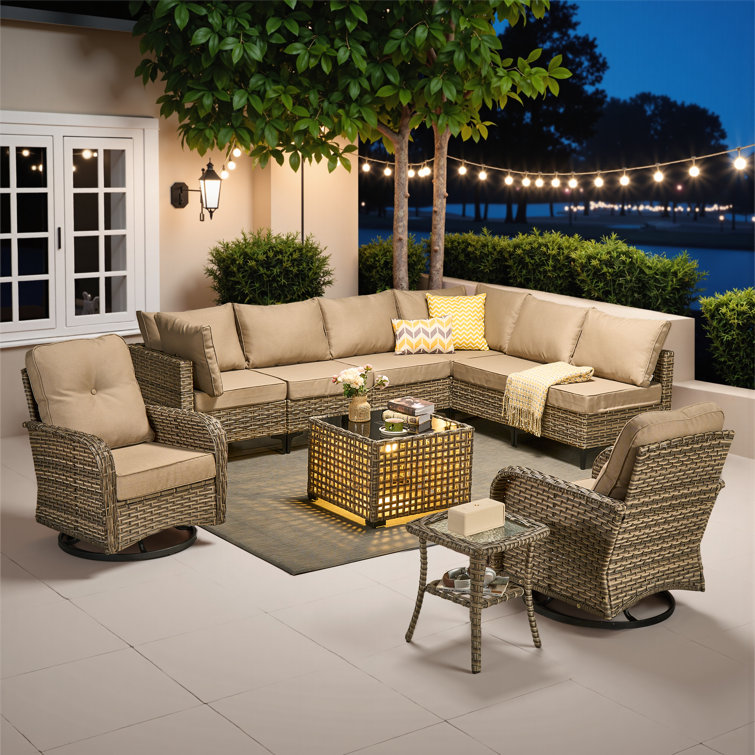 Emroy 8 - Person Wicker/Rattan Sectional Seating Group with Lighted Coffee Table and Swivel Chairs, All Weather Modular Outdoor Conversation Set with Cushions