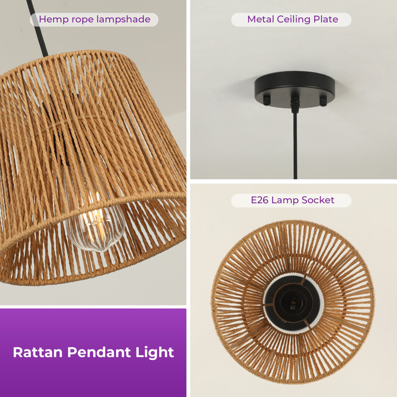 Aarzo 1-Light Single Natural Hand Woven Rattan Pendant Easy Installation