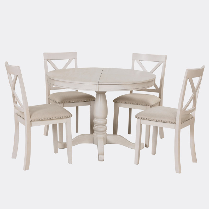Antique White Round Pedestal Dining Set with 4 Chairs