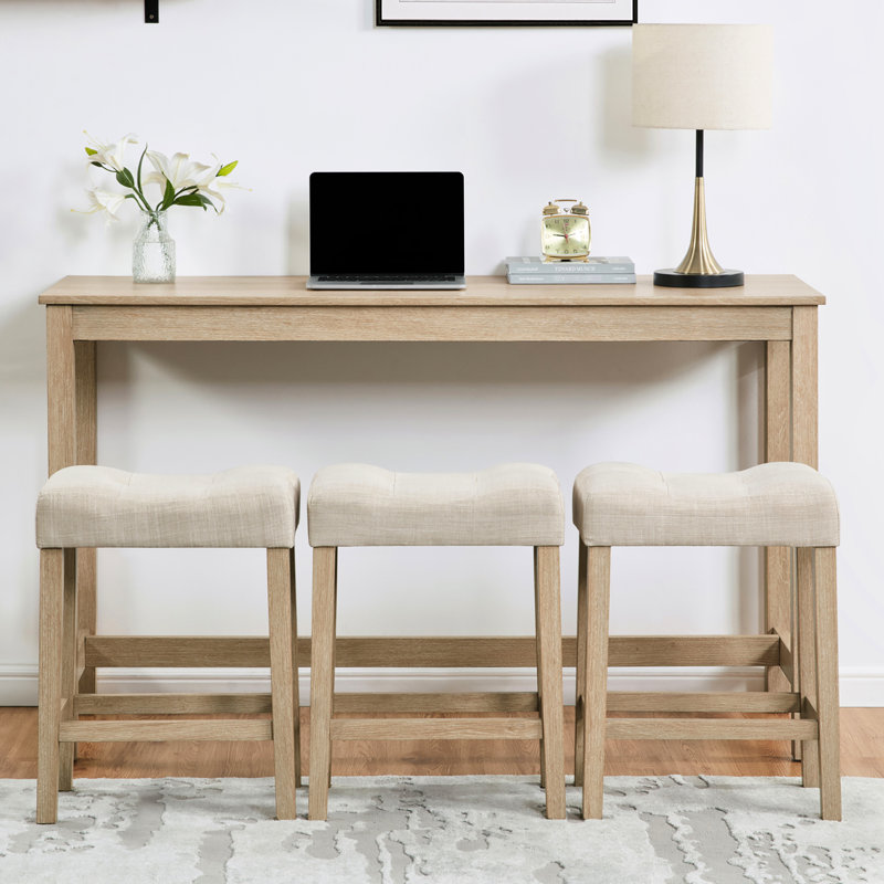 Table de bar 4 pièces avec prises et chargeurs, 3 tabourets rembourrés en chêne, placement derrière, surface en imitation bois, assises confortables en chêne, type C, assises en lin respirant, revêtement en caoutchouc