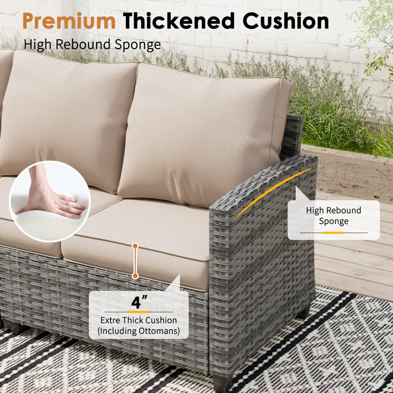 3-Person Patio Sofa With 2 Ottomans, Beige, Gray