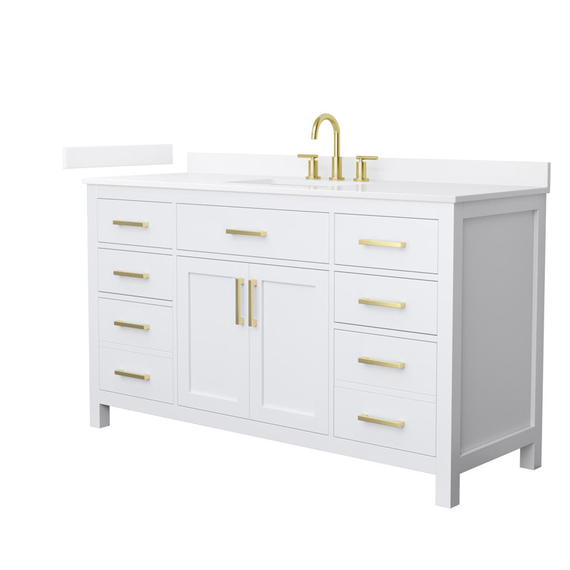 Beckett 60" Freestanding Single Bathroom Vanity with Quartz Top, White, Brushed Gold, White Quartz