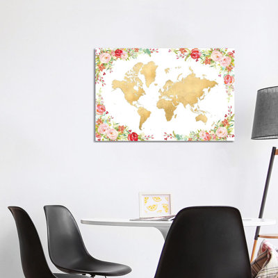 Floral Watercolor And Gold World Map by Blursbyai - Gallery-Wrapped Canvas Giclée on Canvas