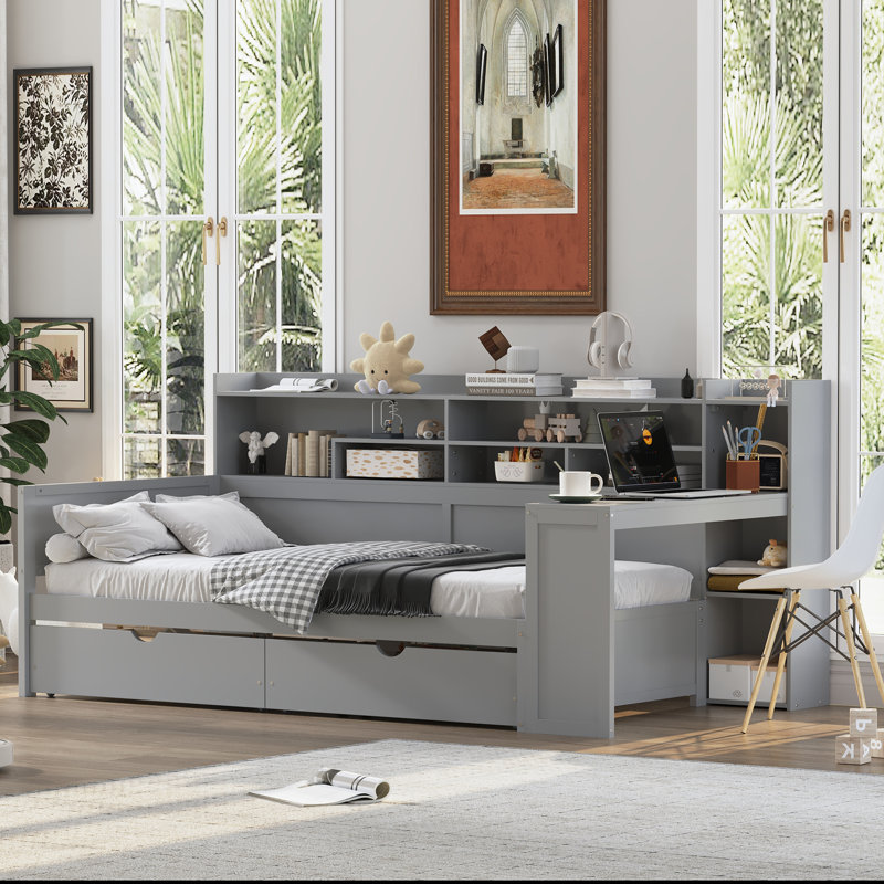 Wooden Twin Size Daybed With Storage Shelves, Multi-Functional Bed With Two Storage Drawers And  Study Desk, Gray, Gray, Twin