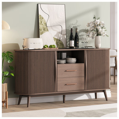 Sideboard Buffet Cabinet With Storage, 63" Mid Century Modern Buffet Table With Doors, Drawers And Shelf, Fluted Console Cabinet With Solid Wood Legs For Kitchen, Living Room, Entryway, Walnut