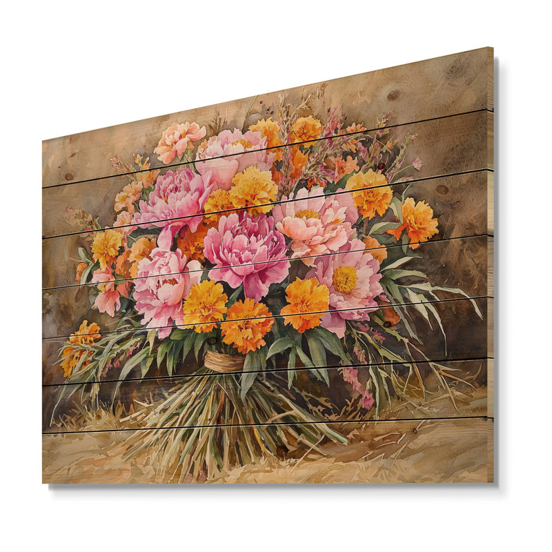Bouquet de pivoines d'été II - décoration murale en bois de pivoines - sur bois de pin naturel, H 34 po x l 44 po x P 0,78 po