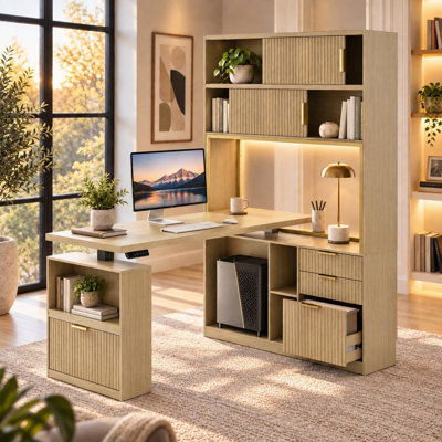 60" L-Shaped Electric Standing Desk with 3 Drawers, Sliding Fluted Doors, Open Storage, USB Port and Power Strip, 4 Memory Presets and Anti-Tip Anchoring System, for Home Office, Computer Workstation and Executive Office, Light Walnut