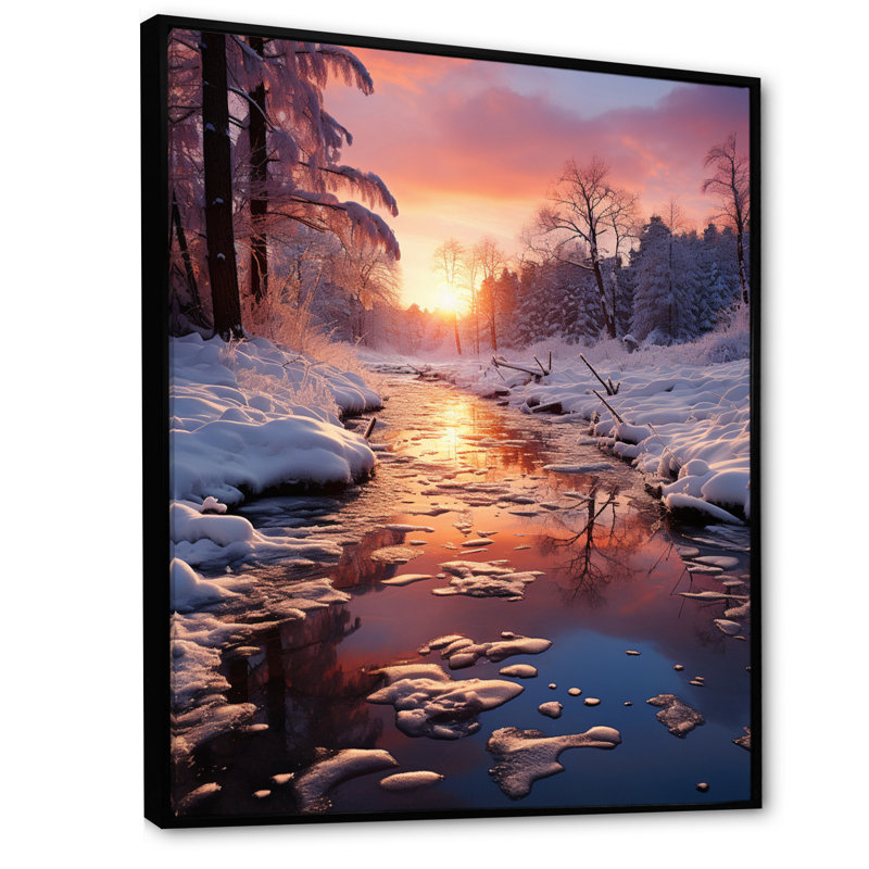 Winter Sunset Snowfall I, reproduction d'art sur toile, H 32 po x l 24 po, Cadre flottant noir