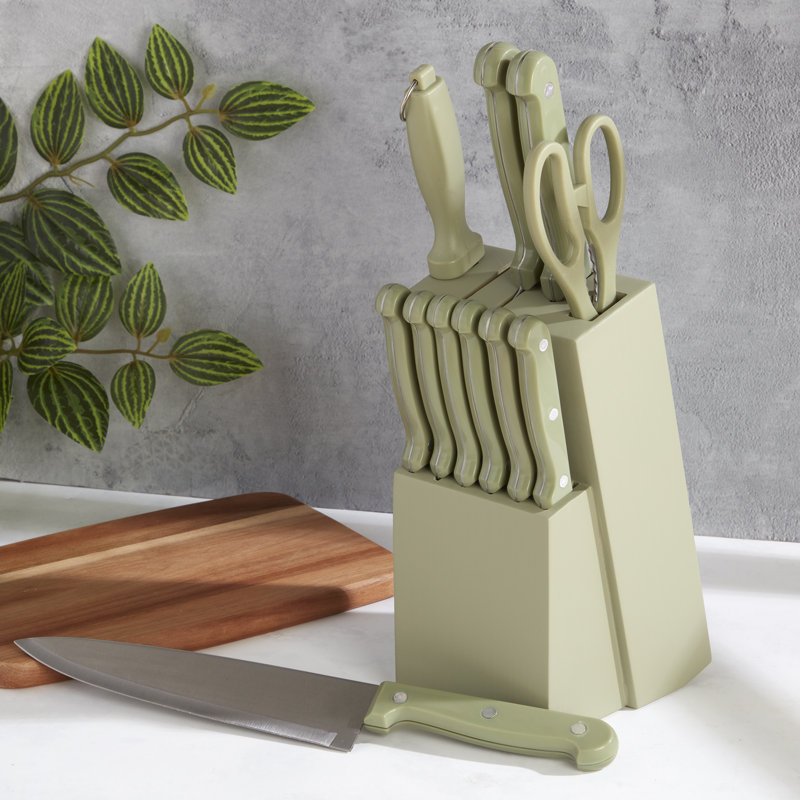 Basic Essentials 12-Piece Stainless Steel Kitchen Knife Set With Wood Block, Green