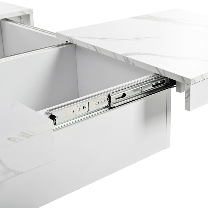Table basse carrée blanche avec placage de marbre, 39,4 po, plateau coulissant et rangement blanc