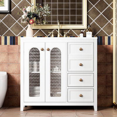 36.94 - Inch Bathroom Vanity With Easy Clean Ceramic Sink, Quiet Soft Close Mechanism, And Ample Storage Capacity Featuring A Solid Wood Frame, Glass Doors, Closing Drawers