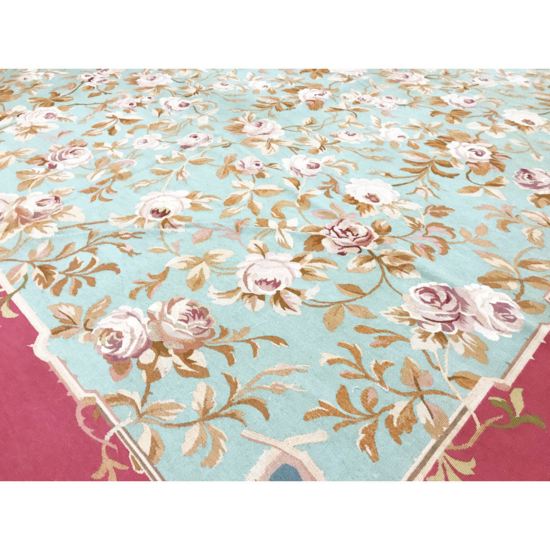 Hand-Knotted High-Quality Blue and Rose Area Rug