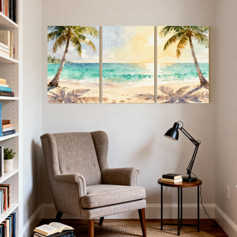 Palmiers, plage tropicale, palmiers, coucher de soleil, océan, sable, ensemble de 3 impressions sur toile, H 18 po x l 36 po