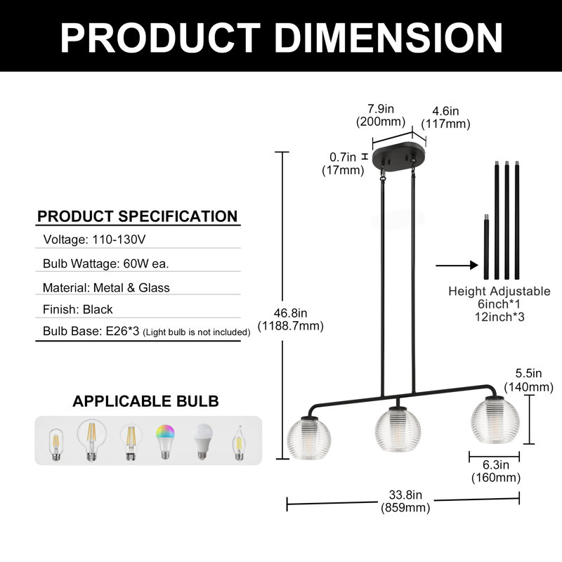 Luminaire suspendu pour îlot de cuisine 3 lumières Chmura