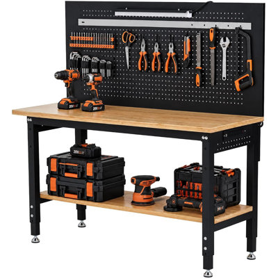 Établi de garage ajustable 60 po x 22 po, capacité de 2 000 lb, plateau en bois d'hévéa, panneau perforé, lumière DEL et multiprise ETL, tablette de rangement incluse