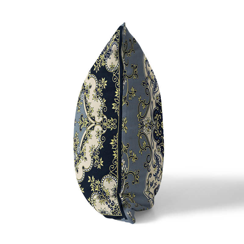 Coussin décoratif floral intérieur / extérieur Floral Arabesque, Bleu / Beige, H 26 po x l 26 po