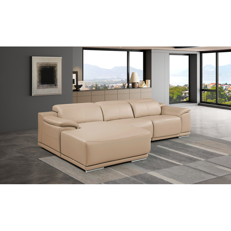 Canapé modulaire en L en cuir véritable 3 pièces beige avec 2 fauteuils inclinables et appuis-tête réglables