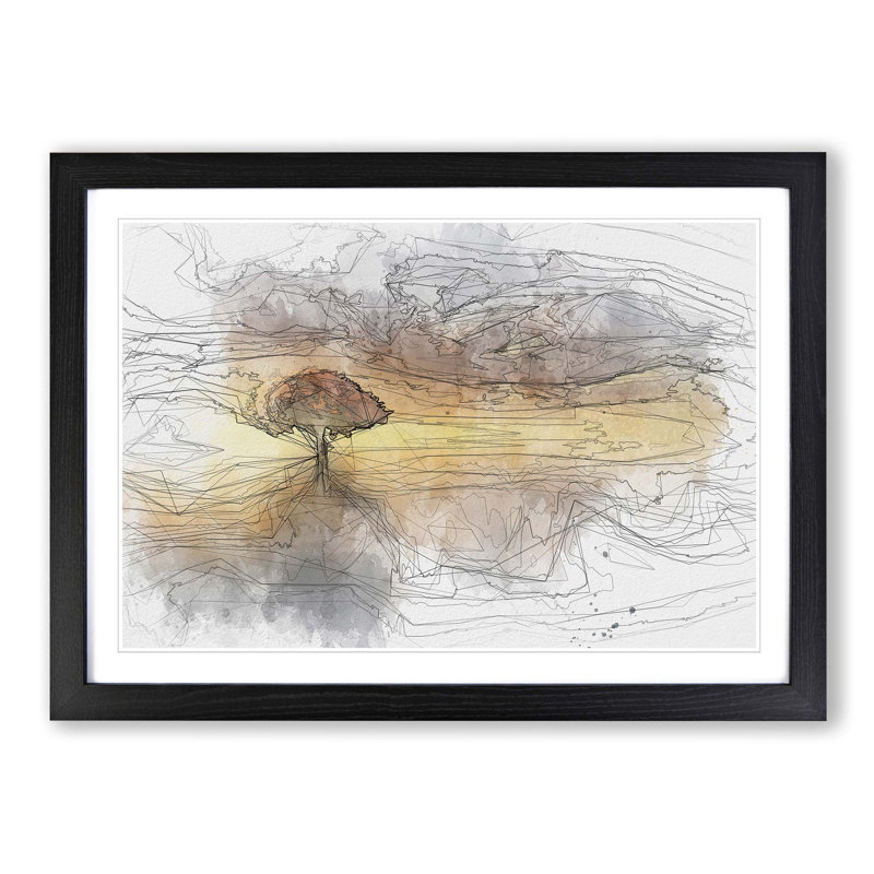 Flying Birds over a Lone Tree in Abstract - Framed Print, 35cm H x 50cm W x 2cm D, Black
