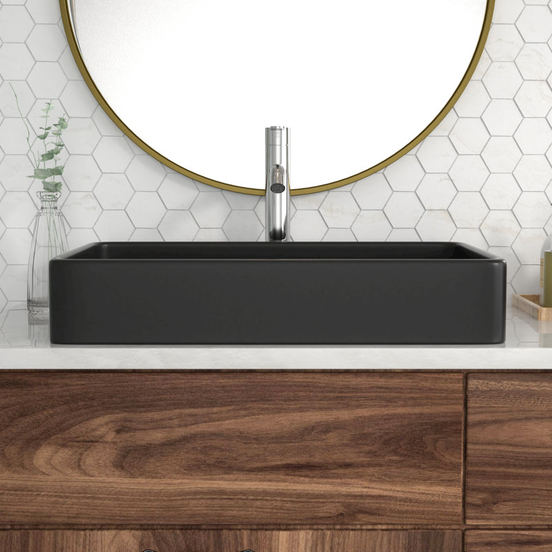 24"X16" Matte Black Rectangular Countertop Vessel Sink Fired Ceramic Above Counter Bathroom Basin