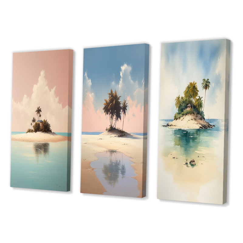 «Île désertique déserte», 3 pièces sur toile, Toile tendue, H 40 po x l 60 po
