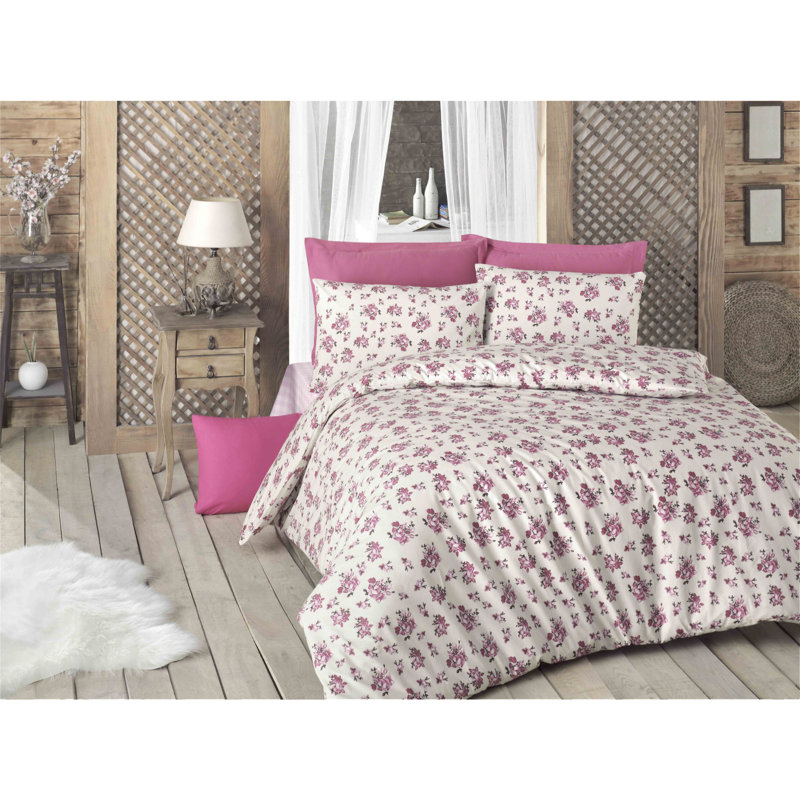 Ensemble de housse de courtepointe 100% coton double Ranforce, blanc et rose / brun, 86,6 po x 86,6 po | Housse de couette avec housse de couette et enveloppe à 145 fils (1 pièce) | Literie douce, lavable à la machine