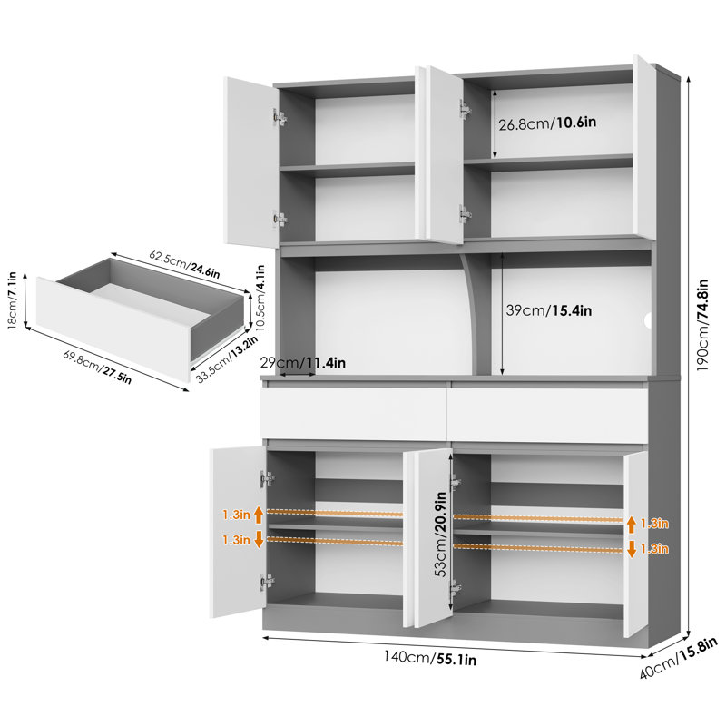 Grand garde-manger en bois 75 po avec tablette à micro-ondes et lumières DEL , Blanc / Gris