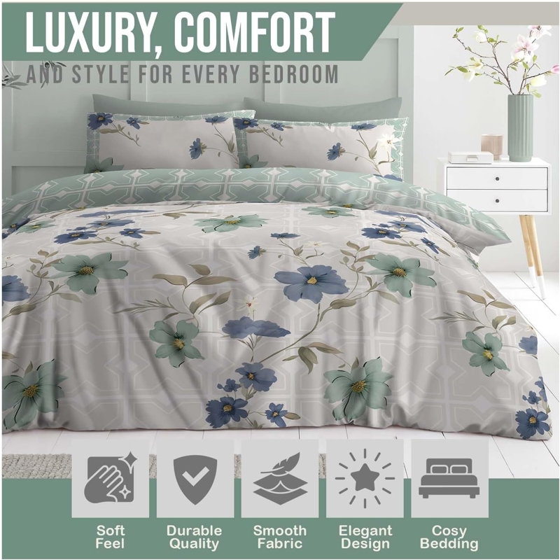 Floral Polycotton Duvet Cover Set with Pillowcases - Single Double King - Soft Yarn, Vibrant Easy-Care Bedding UK, King