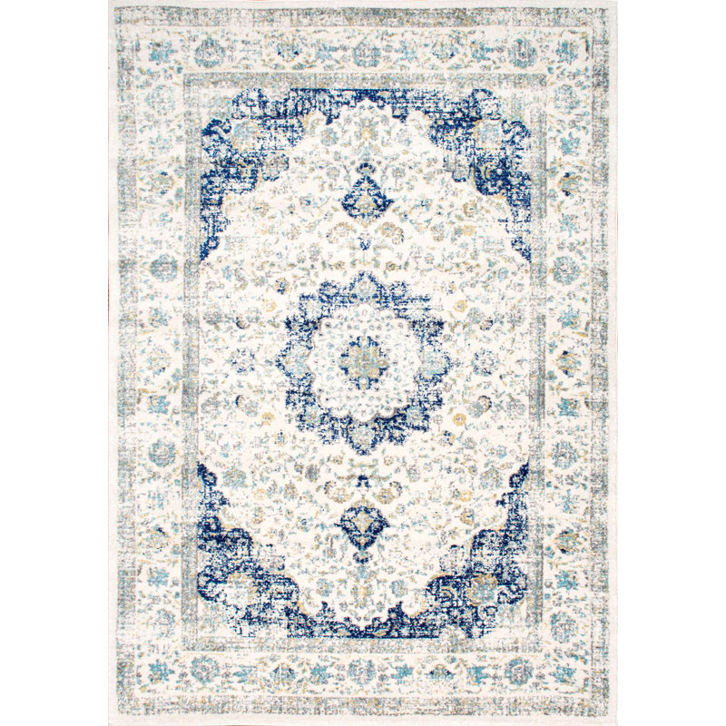 Tapis à motif de médaillon pour le salon, la chambre à coucher, la salle à manger et la cuisine Juliea, bleu / blanc cassé
