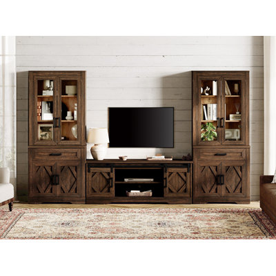 Meuble télé de style campagne moderne de style Mid-Century, centre de divertissement pour téléviseur de 75 po, bibliothèque haute à 5 niveaux de 73 po de hauteur, rangement ouvert et portes de grange pour le salon, la chambre à coucher, espresso