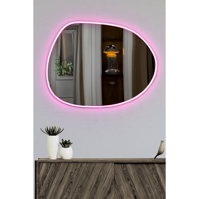 Miroir moderne à DEL avec acrylique incassable incassable, 23,6 po x 18,1 po | 5 mm d'épaisseur, rayures néon rose | Comprend du ruban adhésif double face et un adaptateur 12V | Parfait pour les décorations et les maquillages fantaisistes