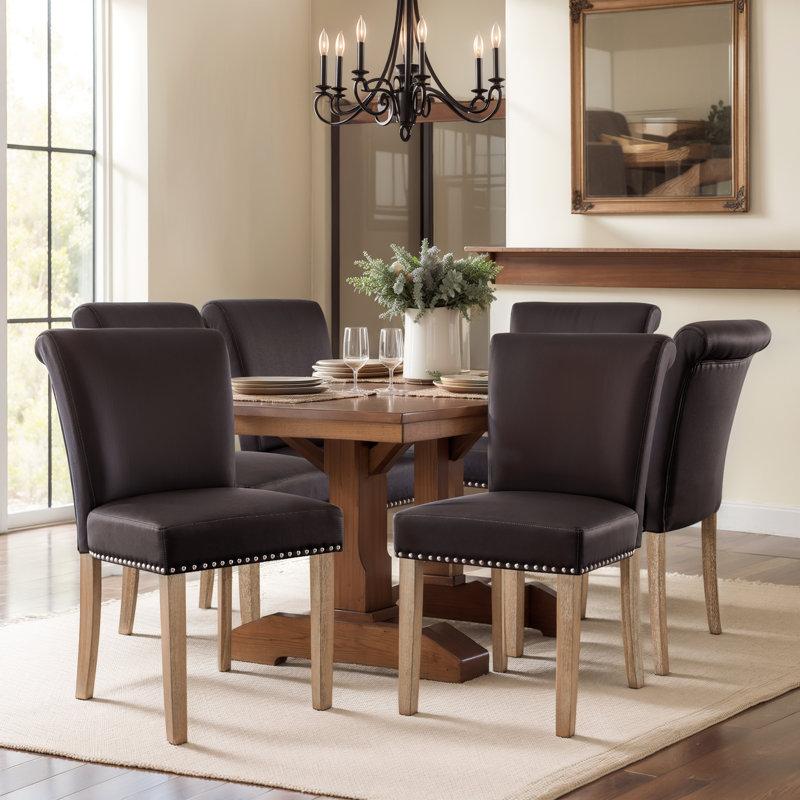 Momordique Nailed Trim Faux Leather Waterproof Upholstered Parsons Dining Chairs, Brown/Brown, 6