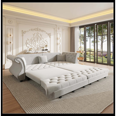 97.6" Oversized Light Grey Velvet Chesterfield Pull Out Sofa Bed, Classic Roll Arm Flower Tufted Sleeper Couch