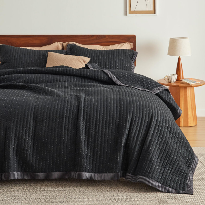 Ensemble de literie courtepointe légère et légère, Velours côtelé noir, King Quilt + 2 King Pillow Sham