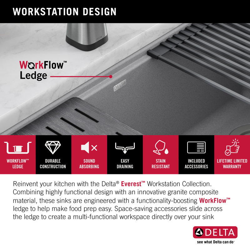 Dark Gray Granite Composite Workstation Kitchen Sink with Workflow Ledge