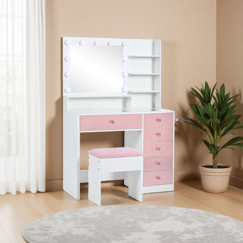 Bureau de coiffeuse avec plateau en verre et 9 ampoules Hollywood, 3 modes d'éclairage couleur, coiffeuse de maquillage avec tiroirs et tablettes, coiffeuse avec tabouret pour la chambre