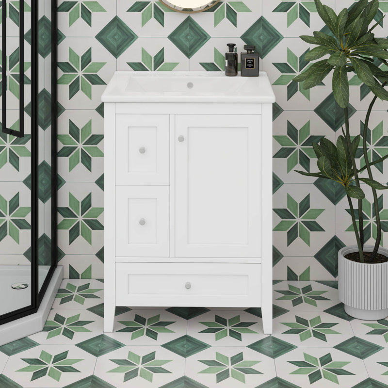 Meuble-lavabo de 24 po avec lavabo en céramique, tablette réglable et rangement, Blanc