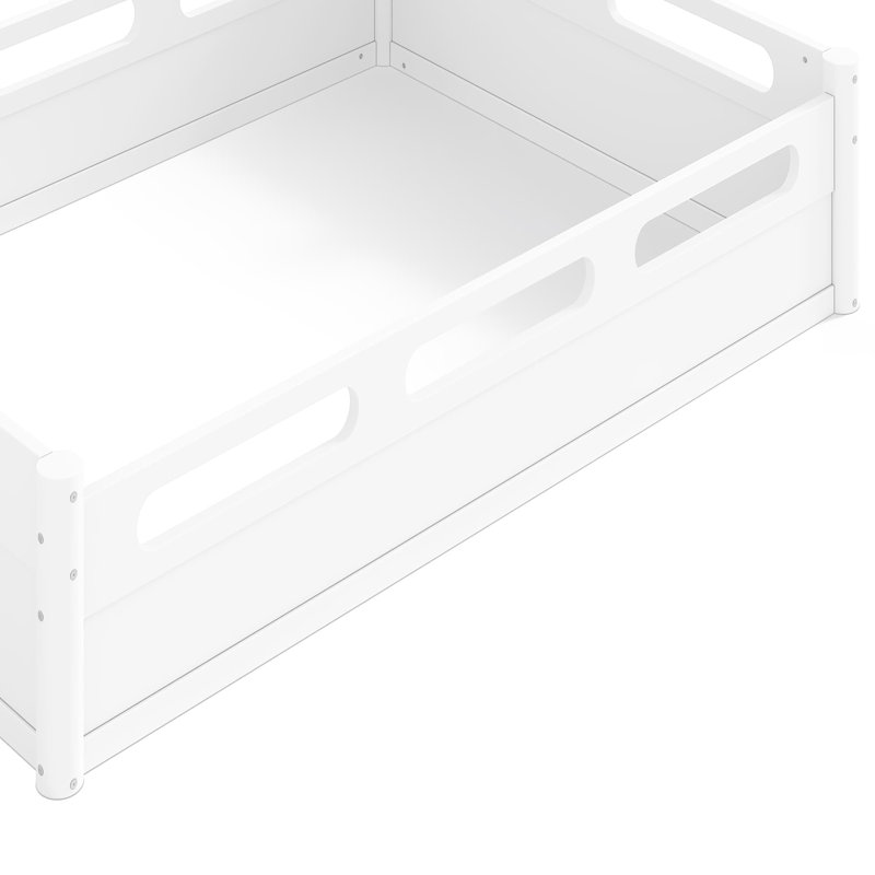 Lit plateforme double pleine grandeur avec garde-corps pleine longueur, base de lit double à profil bas, sans sommier tapissier, blanc