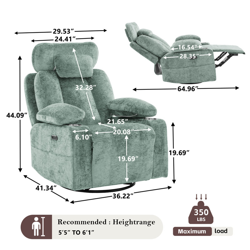 Fauteuil inclinable électrique pivotant en chenille avec appui-tête pliable et porte-gobelets, Olive