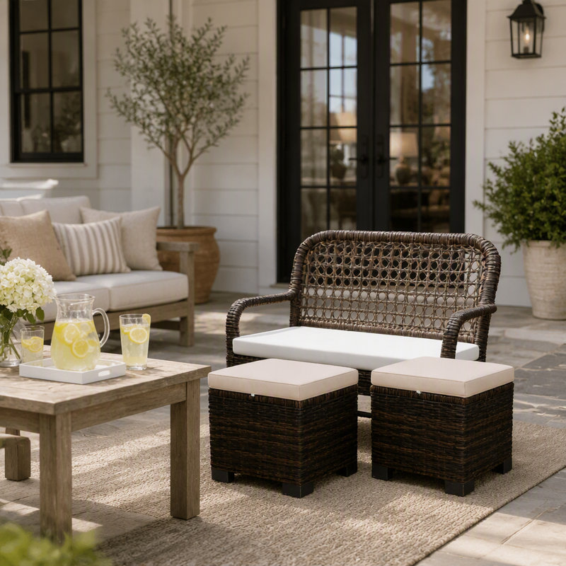 Ensemble de 2 poufs d'extérieur polyvalents en osier avec coussins amovibles et structure en acier durable pour terrasse et jardin