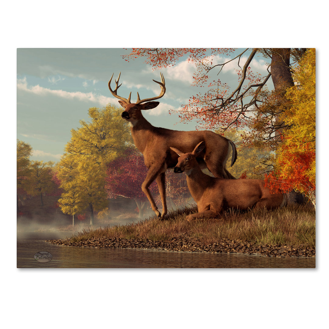 Lethe 'Deer on an Autumn Lakeshore' Graphic Art Print on Wrapped Canvas Trinx