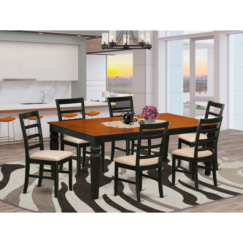 7 Piece Kitchen Table & Chairs Set Consist of a Rectangle Wooden Table with Butterfly Leaf and 6 Linen Fabric Dining Chairs, Black & Cherry