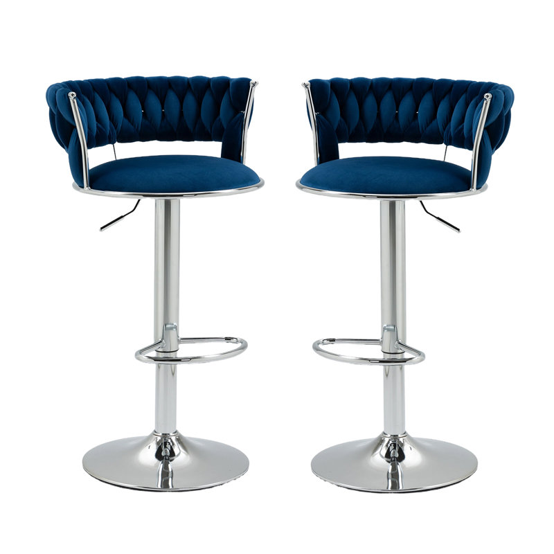 Andraya Swivel Upholstered Adjustable Height Bar Stool with Iron Frame, Blue