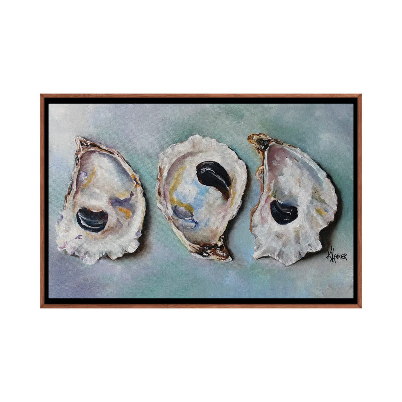 «Bay Oyster Shells» par Kristine Kainer, reproduction, Toile avec cadre flottant, H 18 po x l 26 po, Bois foncé rustique