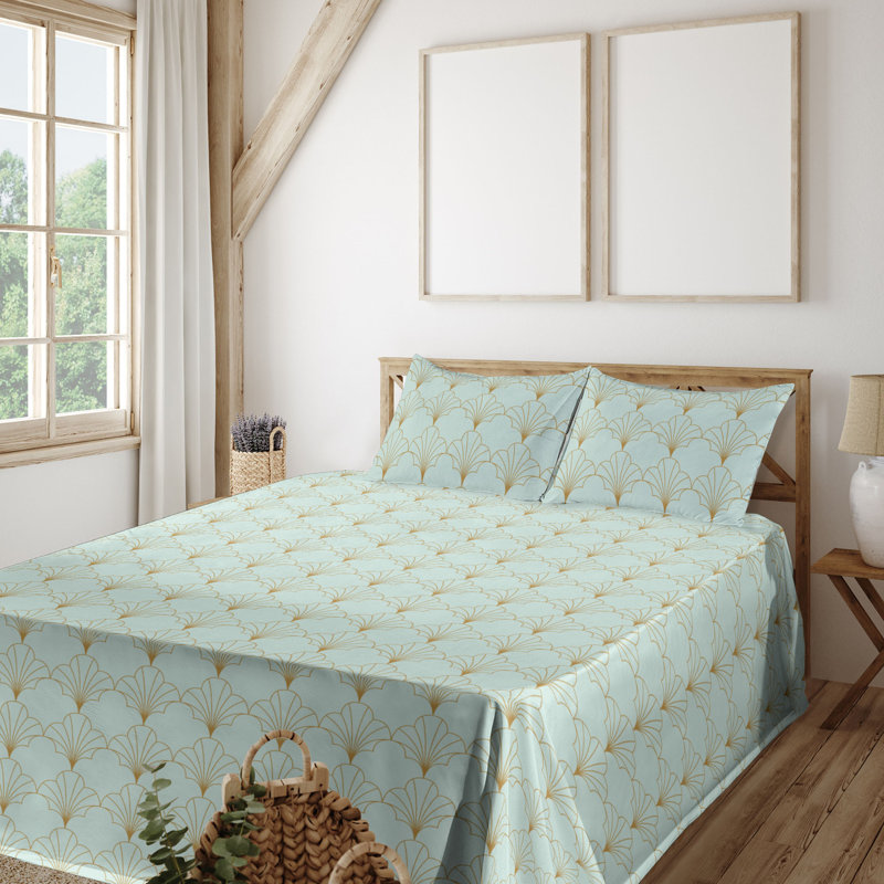 Microfiber Sheet Set, King Sheet Set with 2 Pillowcases, Sand Brown/Mint Green Geometric